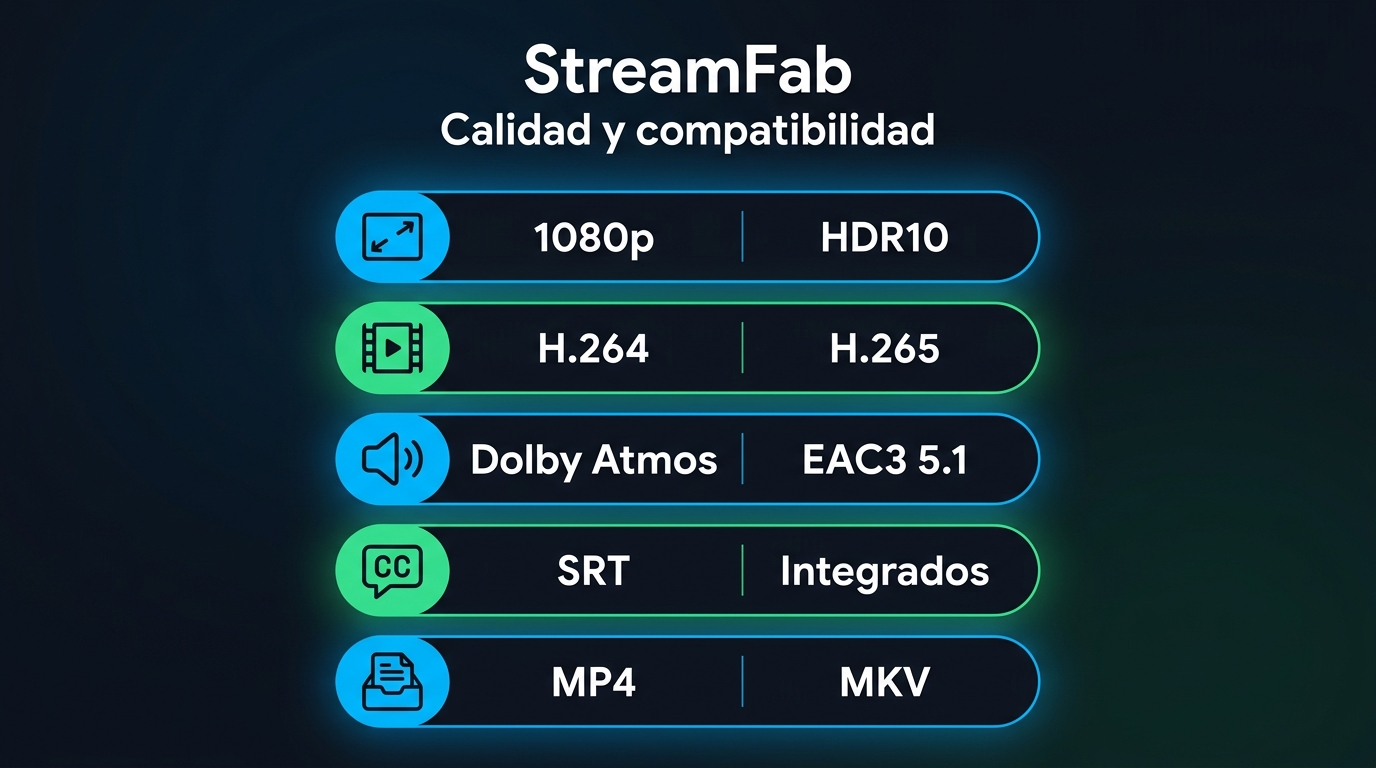 Especificaciones de un MP4 de Netflix con StreamFab: 1080p, HDR10, audio EAC3 5.1 a 4812 kbps, subtí