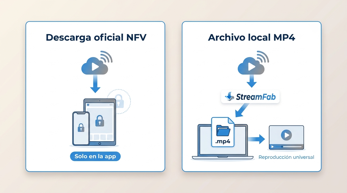 Comparación entre descarga NFV (solo en app Netflix) y archivo MP4 local reproducible en VLC y otros