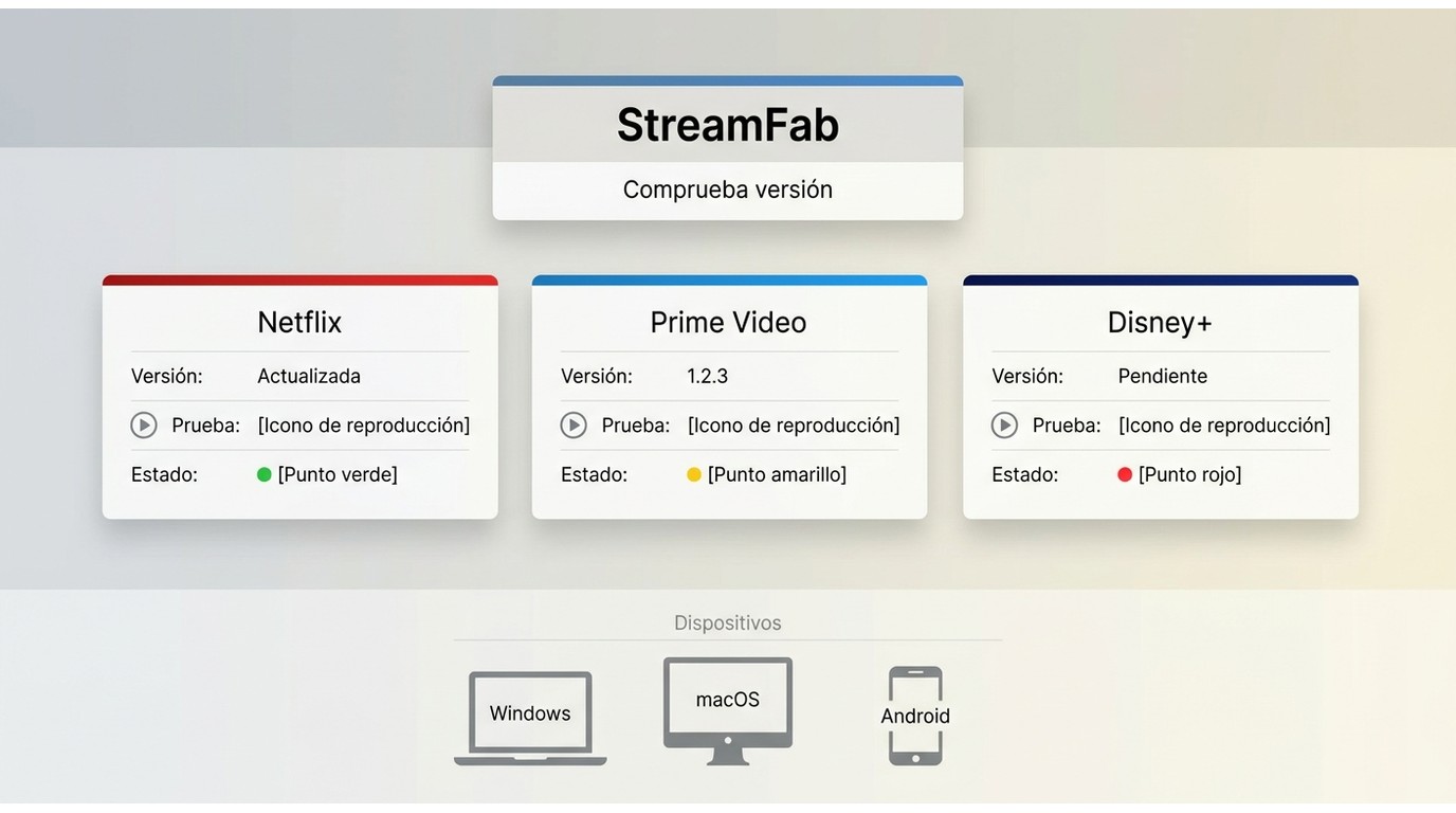 Comparación de StreamFab en Netflix, Amazon Prime Video y Disney+ según versión y sistema.