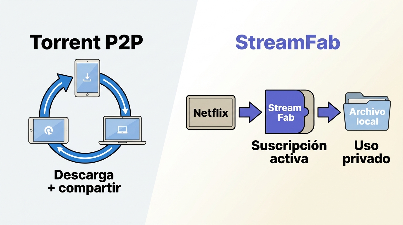 Diferencia entre compartir datos mediante Torrent P2P y guardar un archivo local con StreamFab.