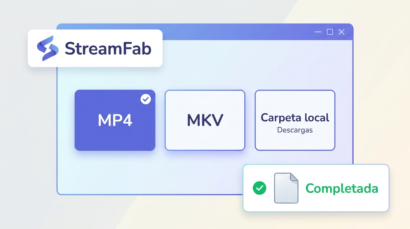 Ajustes de StreamFab con MP4, MKV, carpeta de salida y descarga completada.