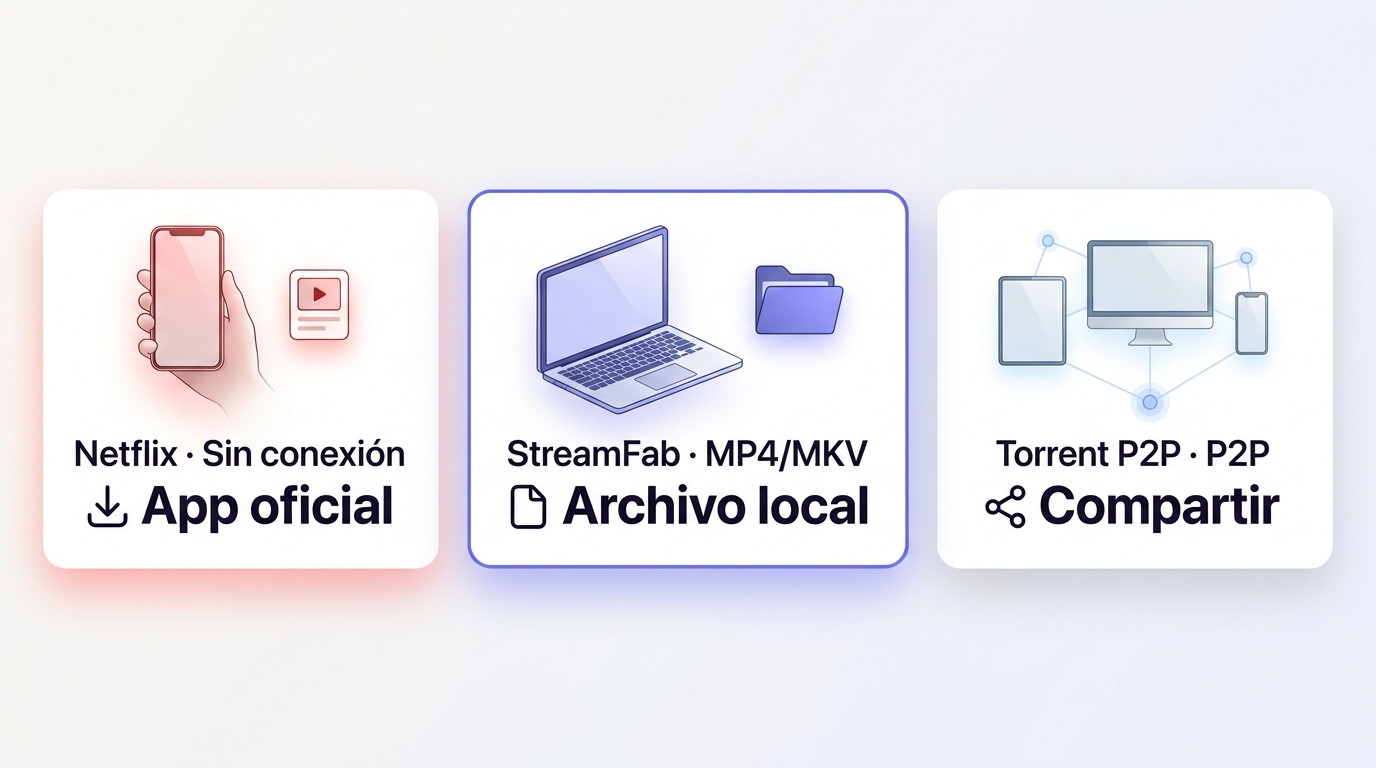Comparación entre descarga oficial, StreamFab y torrent P2P por tipo de archivo y uso.