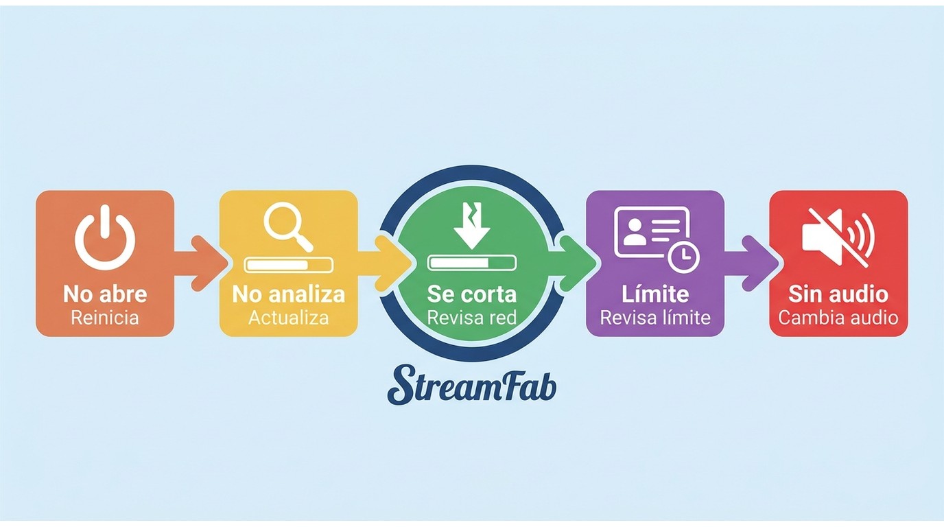 Flujo para identificar si StreamFab falla al abrir, analizar, descargar o crear el archivo.