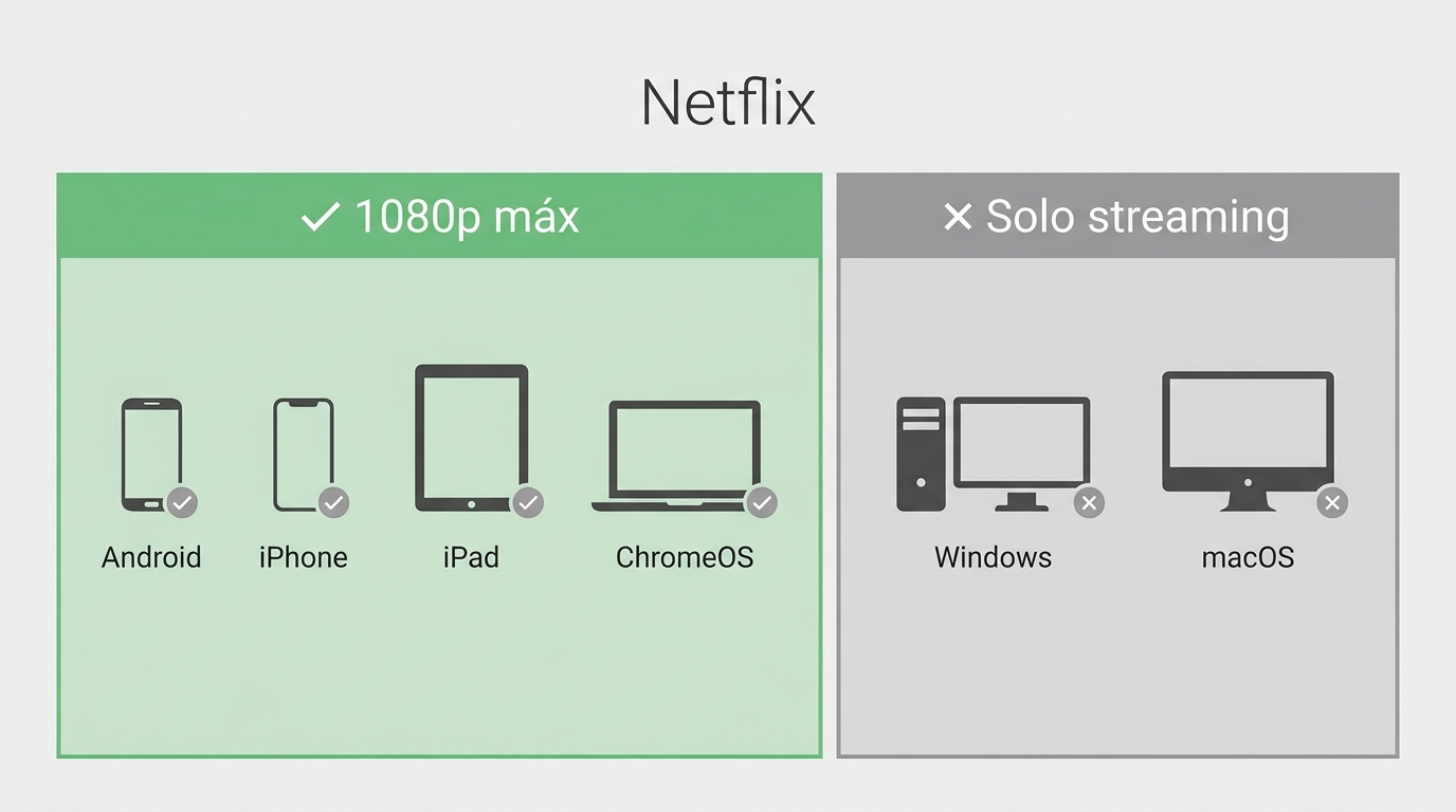 Dispositivos con descarga oficial Netflix hasta 1080p (Android, iPhone, iPad, Chromebook) vs Windows
