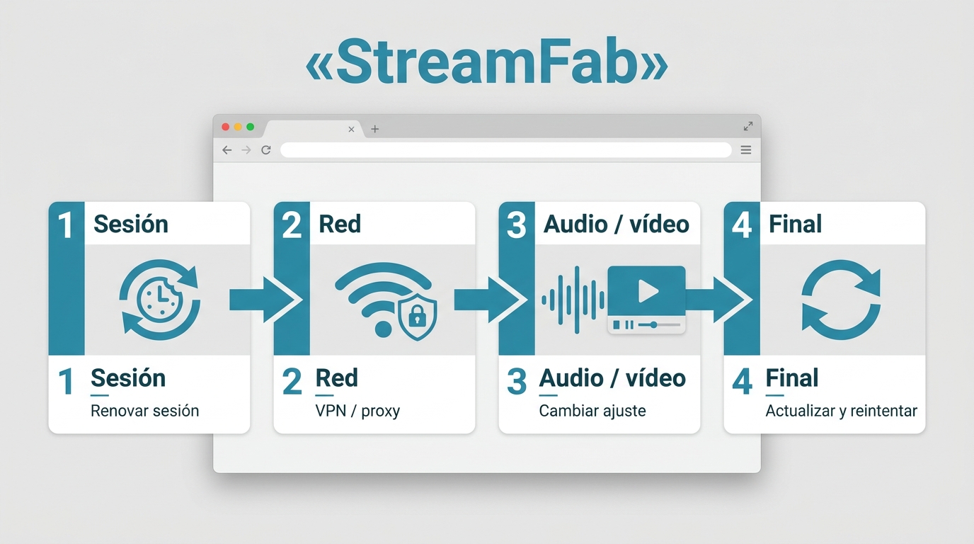 Flujo para diagnosticar errores de StreamFab según la fase del fallo.