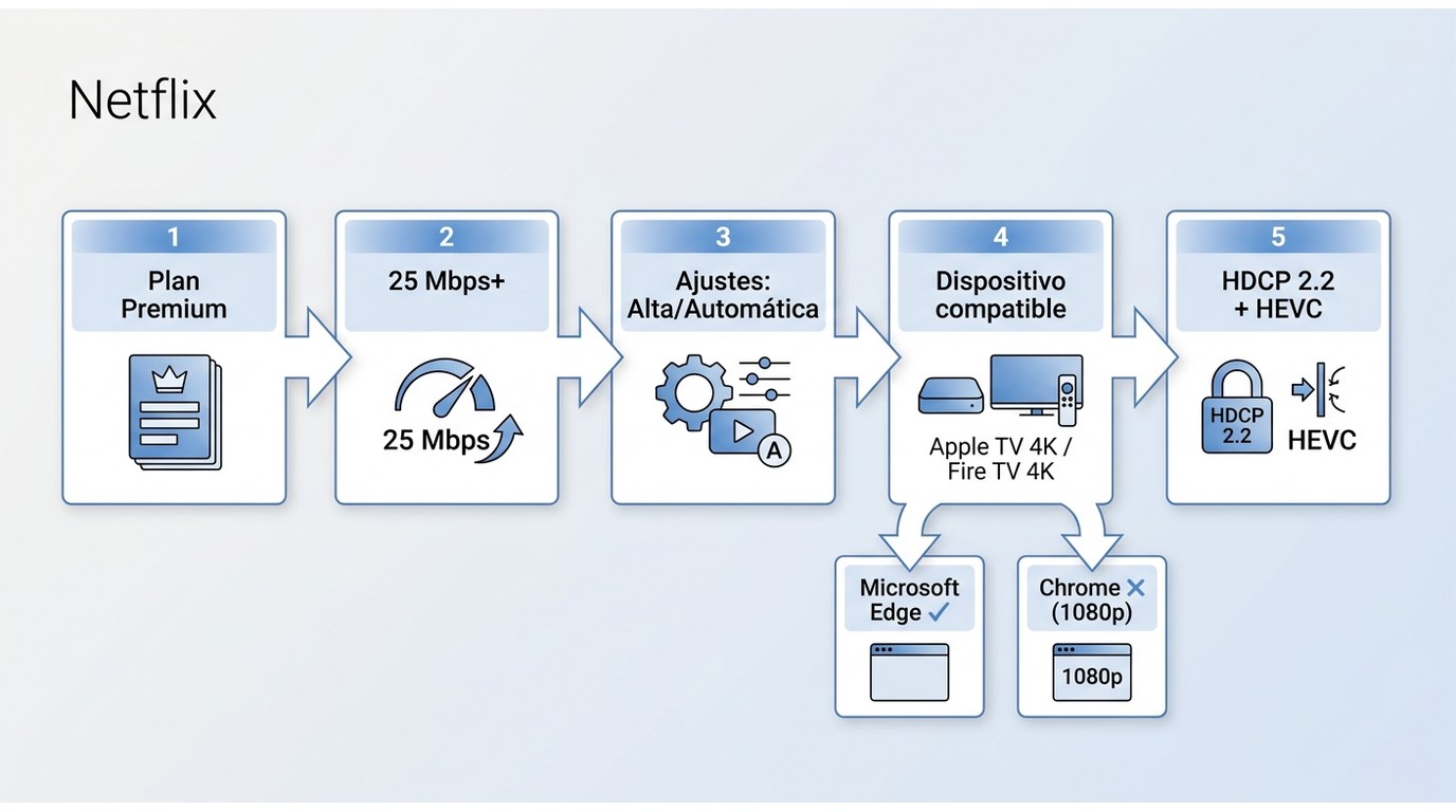 Cadena de requisitos Netflix 4K: Plan Premium, 25 Mbps, ajustes Alta, dispositivo compatible y HDCP 