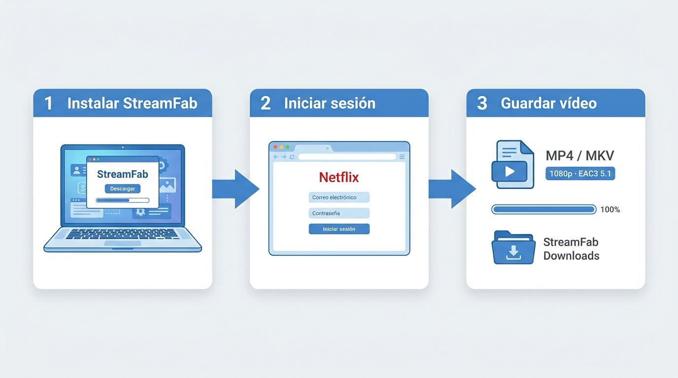Flujo StreamFab Netflix Downloader: instalar app, iniciar sesión en Netflix y guardar vídeo como MP4