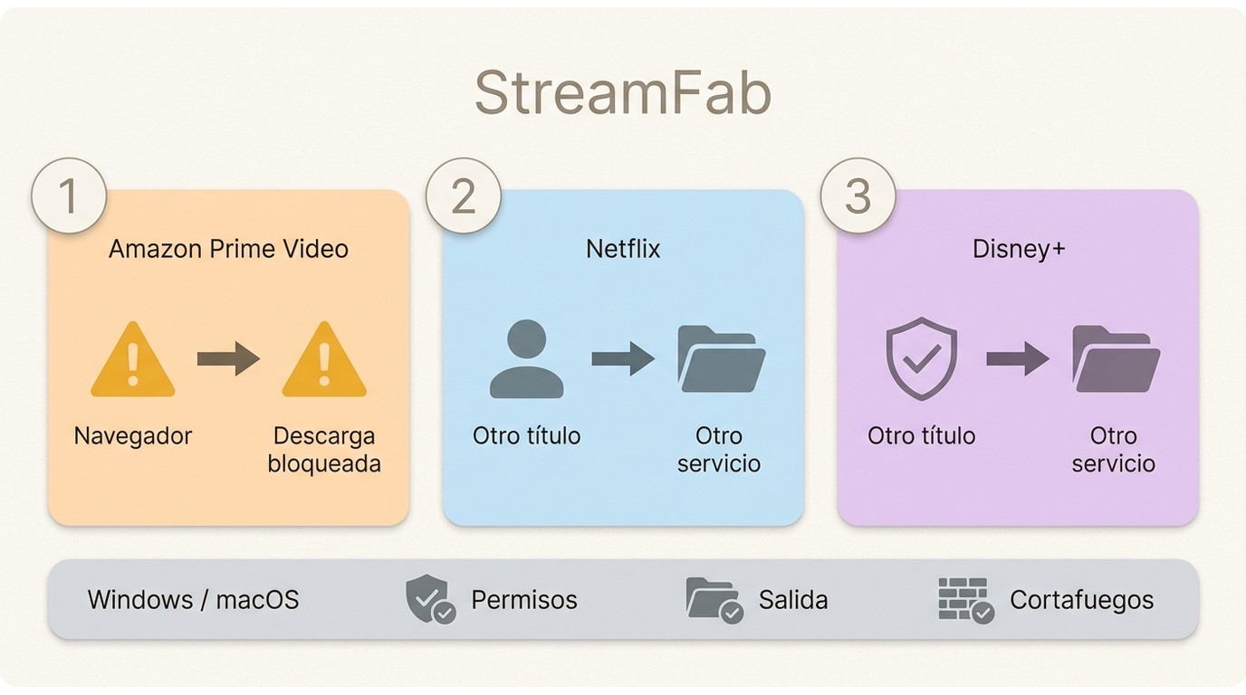 Diagnóstico de StreamFab para Amazon Prime Video, Netflix y Disney+ según el síntoma