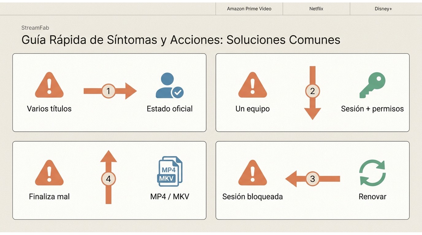 Síntomas de StreamFab asociados a fases y acciones de diagnóstico