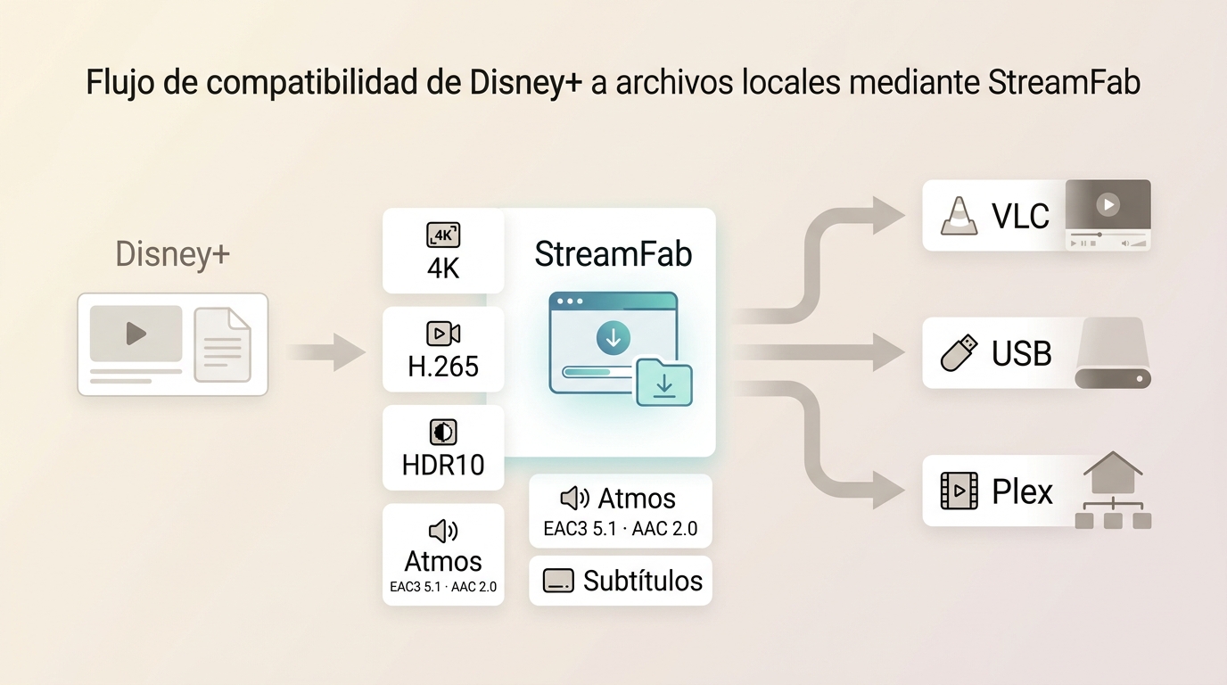 Factores de Disney+, StreamFab y VLC que determinan la compatibilidad de MP4 y MKV.