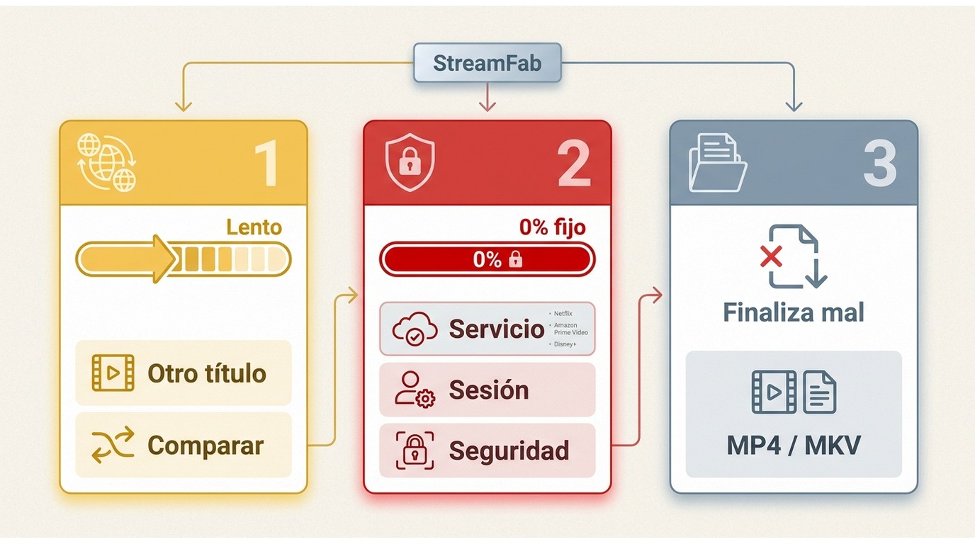 StreamFab distingue entre progreso lento, bloqueo y fallo al finalizar