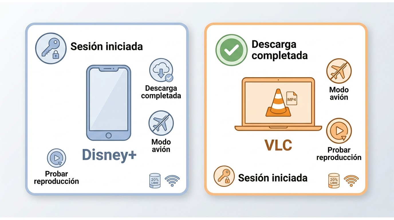 Comprobaciones de Disney+ y archivos locales antes de viajar