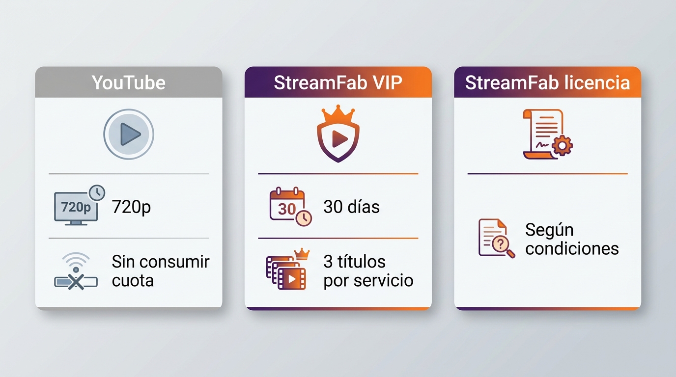 Comparación entre YouTube gratuito, prueba VIP y licencia de StreamFab
