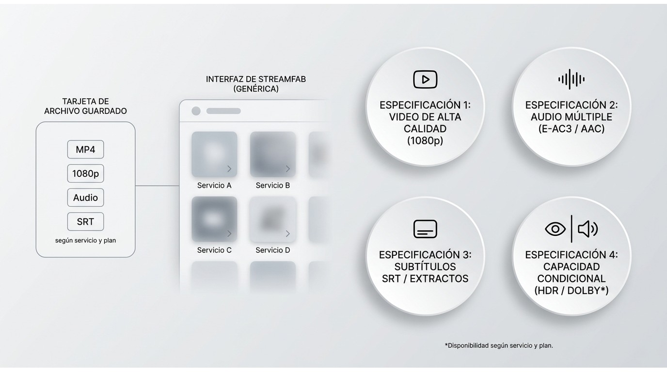 Propiedades de un archivo StreamFab: MP4, 1080p, audio y subtítulos